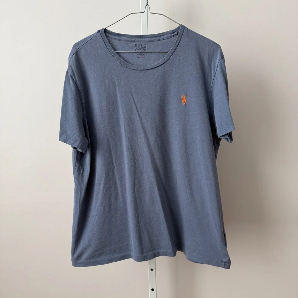 Polo Ralph Lauren sz L Custom Fit T-Shirt Blue Orange Pony Preppy Casual‎